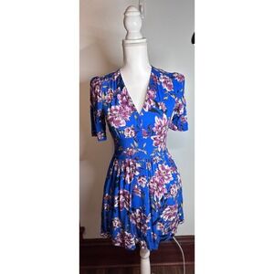 Band of Gypsies Blue  Floral Mini Dress V-Neck Smocked Back XS